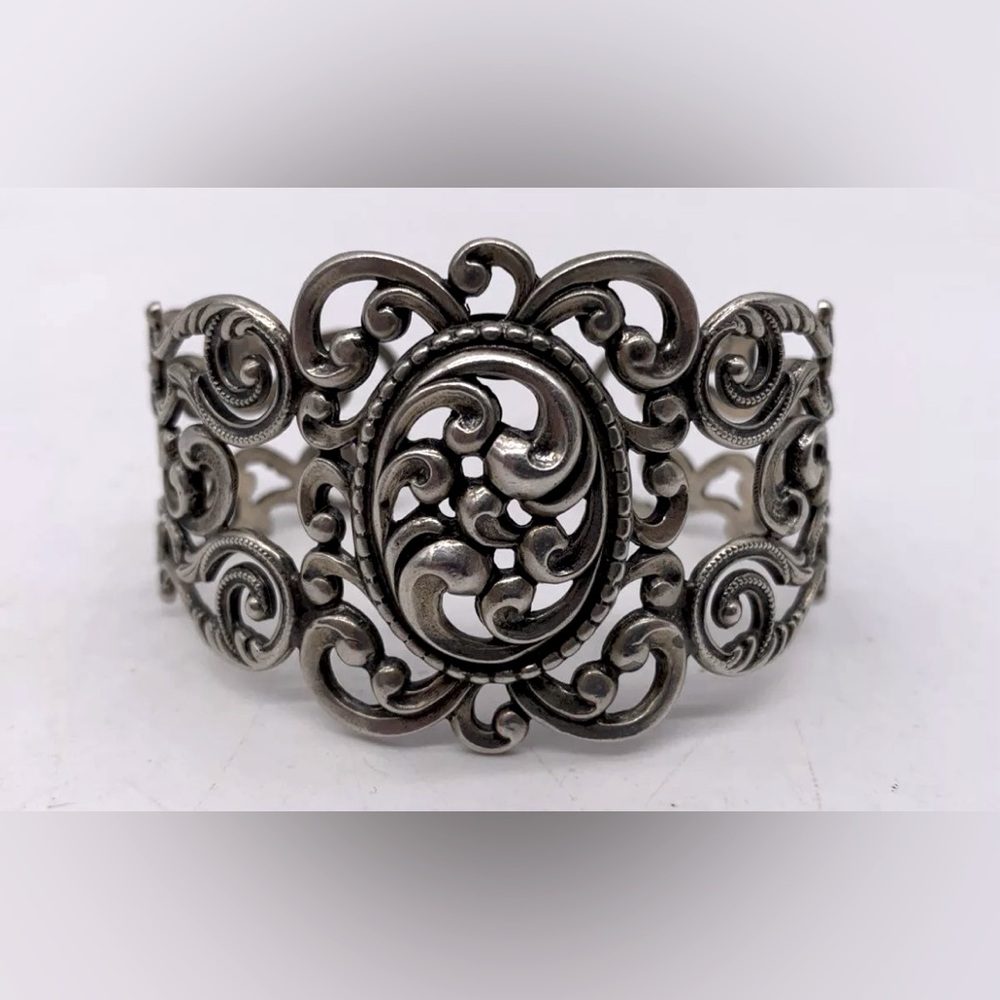 Sterling Silver Vintage Danecraft Filigree Art Nouveau Cuff Bracelet 6 inch - Picture 2 of 10